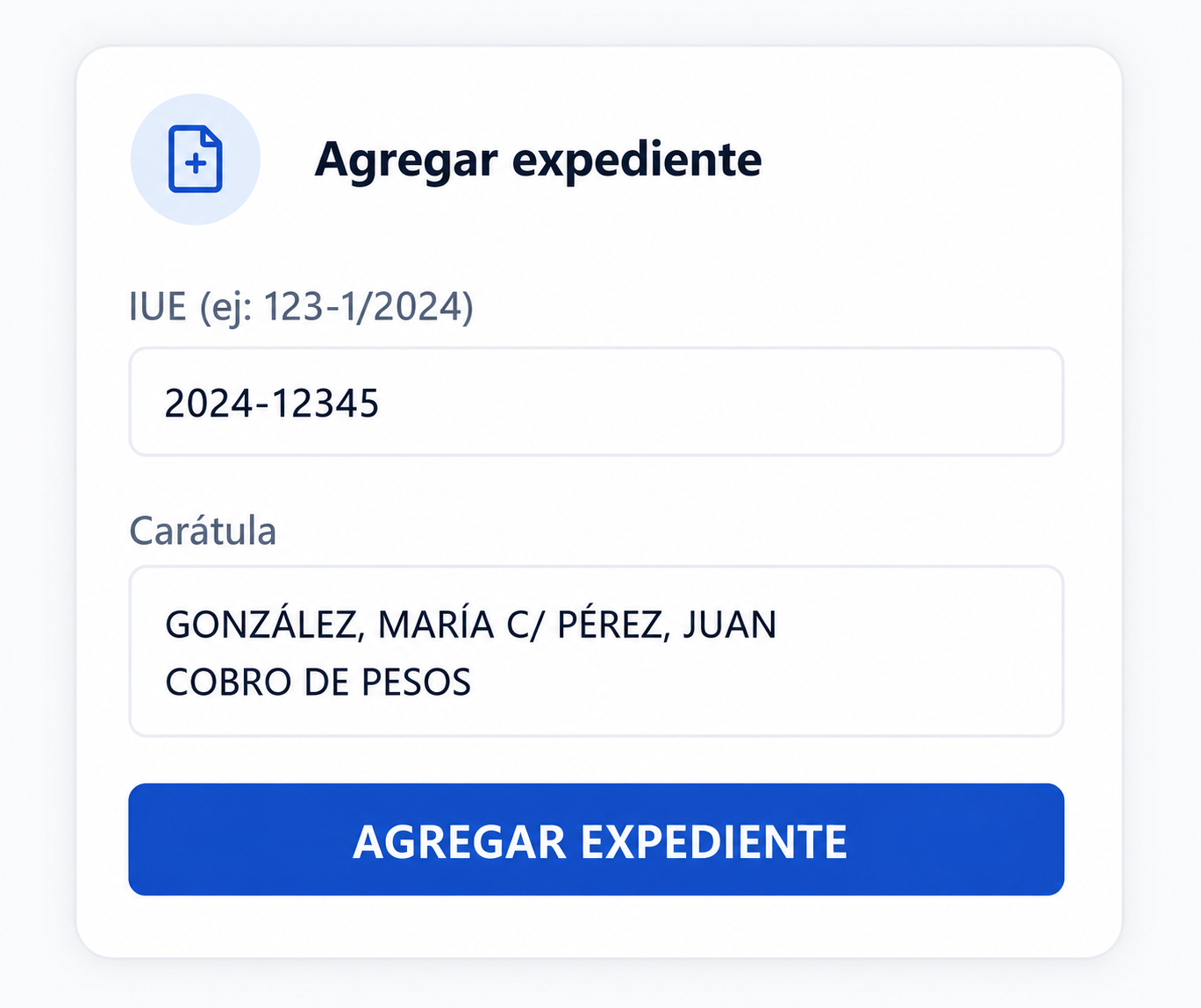 Formulario para agregar un expediente judicial